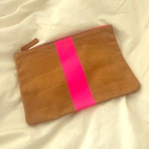 Clare V suede camel and neon pink clutch